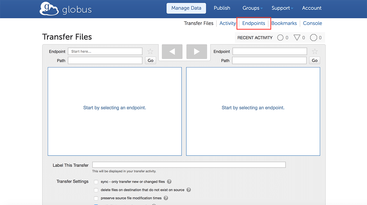 The Globus main page with access below the header to the Endpoints menu