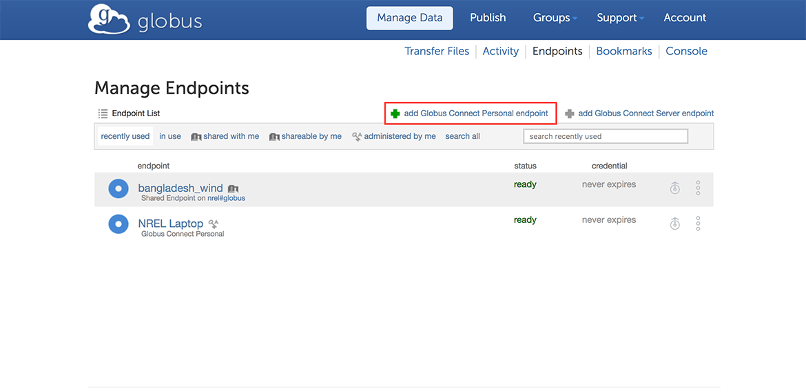 The 'add Globus Connect Personal endpoint' button on the Manage Endpoints page above the Endpoint List