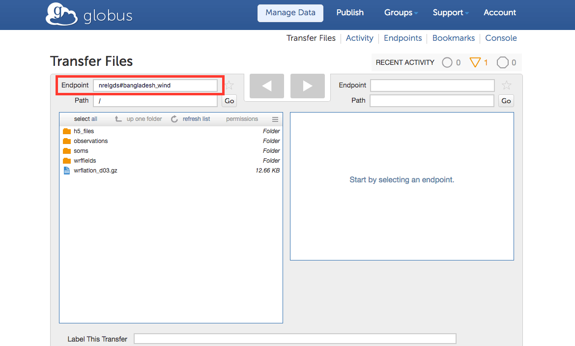 Loading the bangladesh_wind endpoint to the left window of the File Transfer page