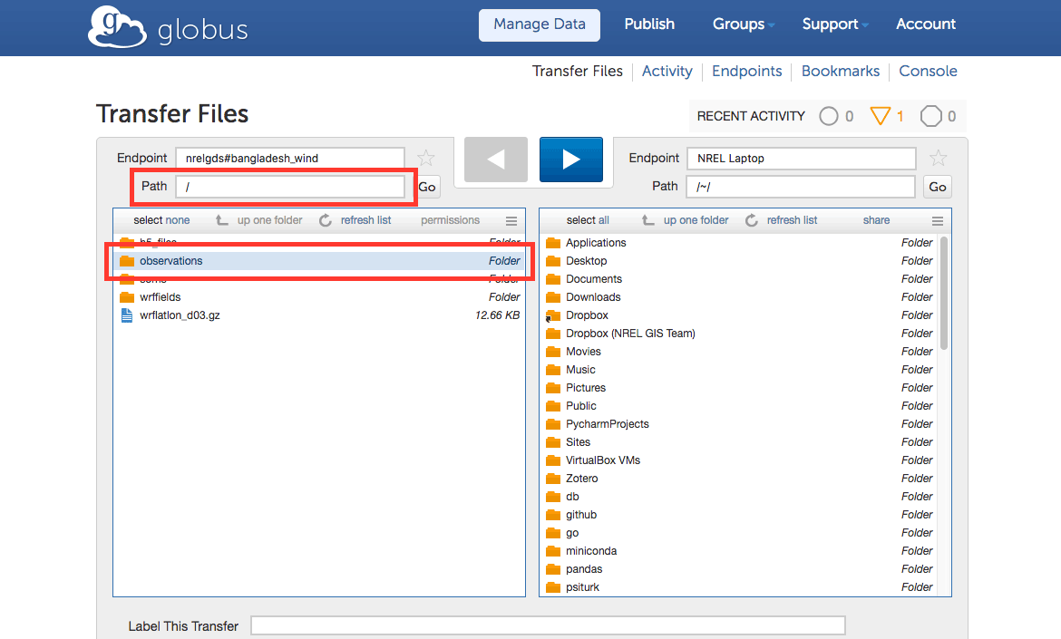 Selecting the files to download from the left window of the File Transfer page