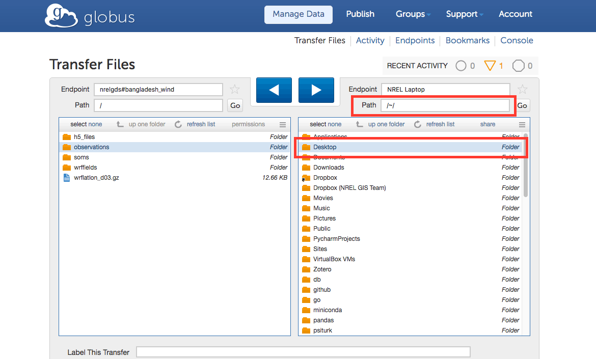 Selecting the destination location for the file download from the right window of the File Transfer page