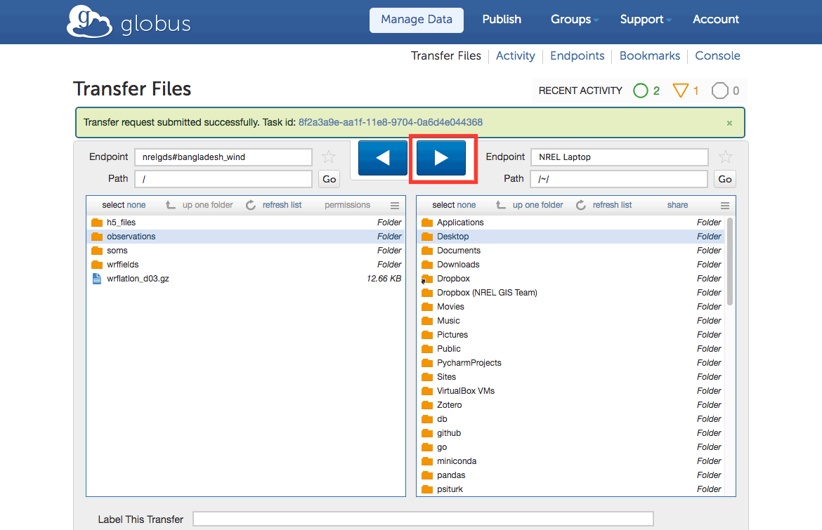 Selecting the right arrow at the top of the right and left endpoint boxes on the File Transfer page to initiate the transfer