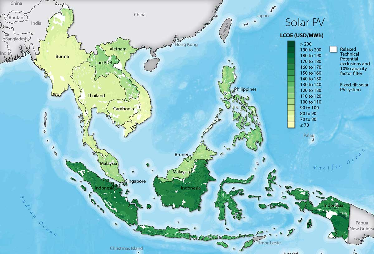 A map of select Southeast Asian countries in varying shades of green, indicating variations in the LCOE for solar PV, using the Relaxed Technical Potential Scenario—and with a capacity factor of more than 10%.