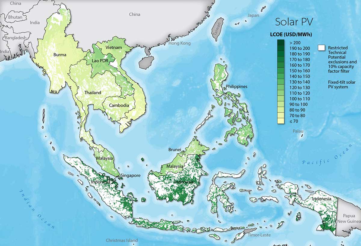 A map of select Southeast Asian countries in varying shades of green, indicating variations in the LCOE for solar PV, using the Restricted Technical Potential Scenario—and with a capacity factor of more than 10%.