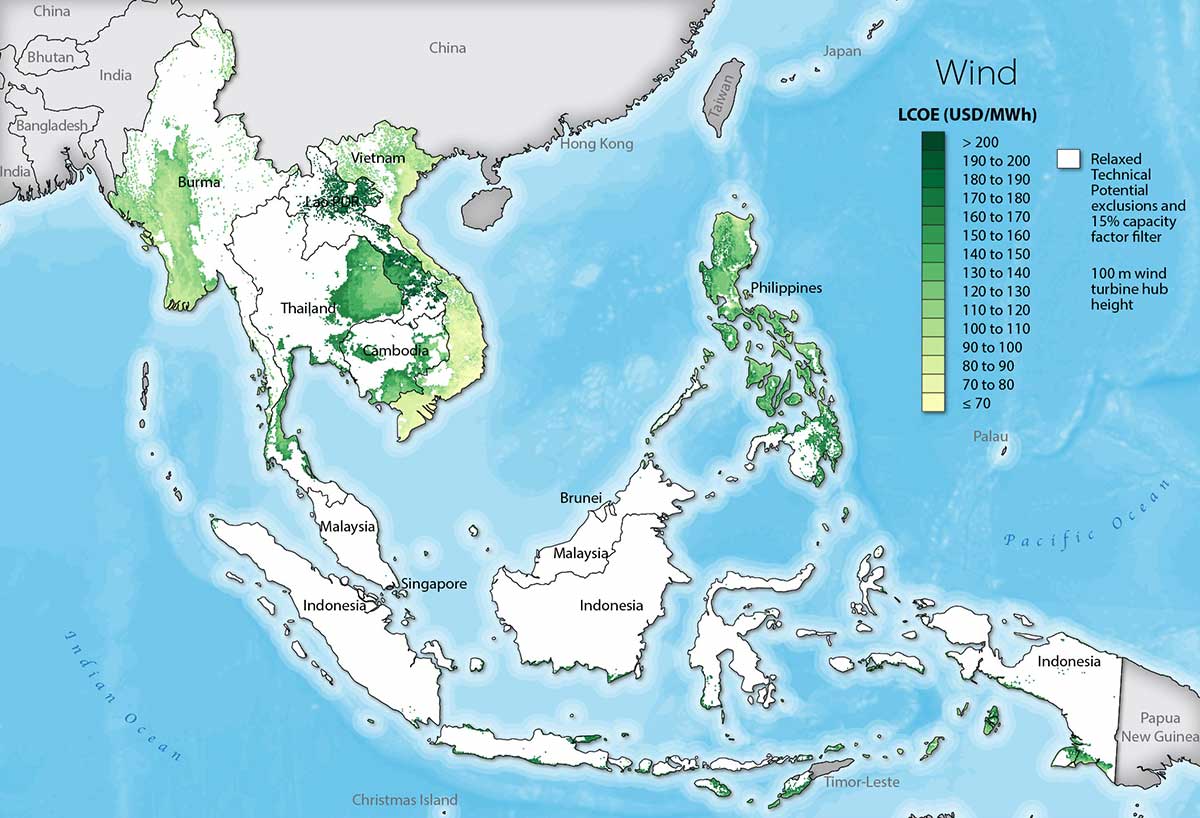 A map of select Southeast Asian countries in varying shades of green and white, indicating variations in the LCOE for wind, using the Moderate Technical Potential Scenario.