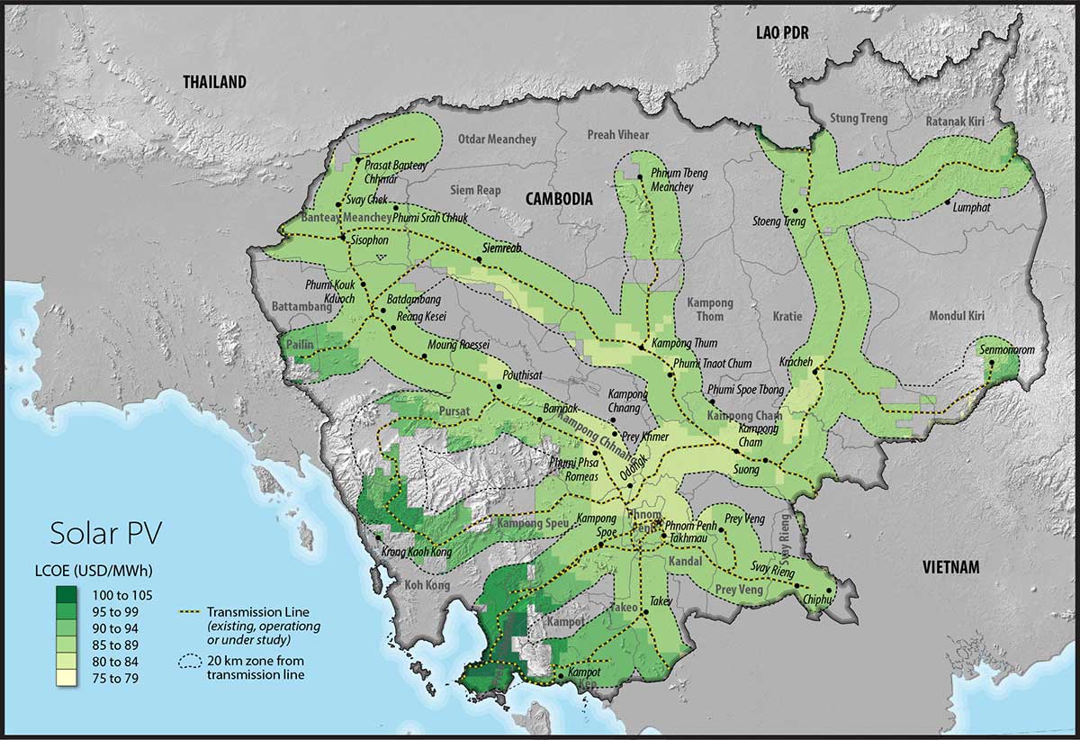 A map with Cambodia in the center, showing its border as a black line, and with several cities indicated with labels.