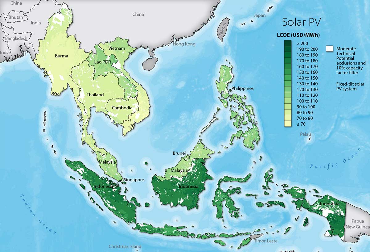 A map of select Southeast Asian countries in varying shades of green, indicating variations in the LCOE for solar PV, using the Moderate Technical Potential Scenario—and with a capacity factor of more than 10%.