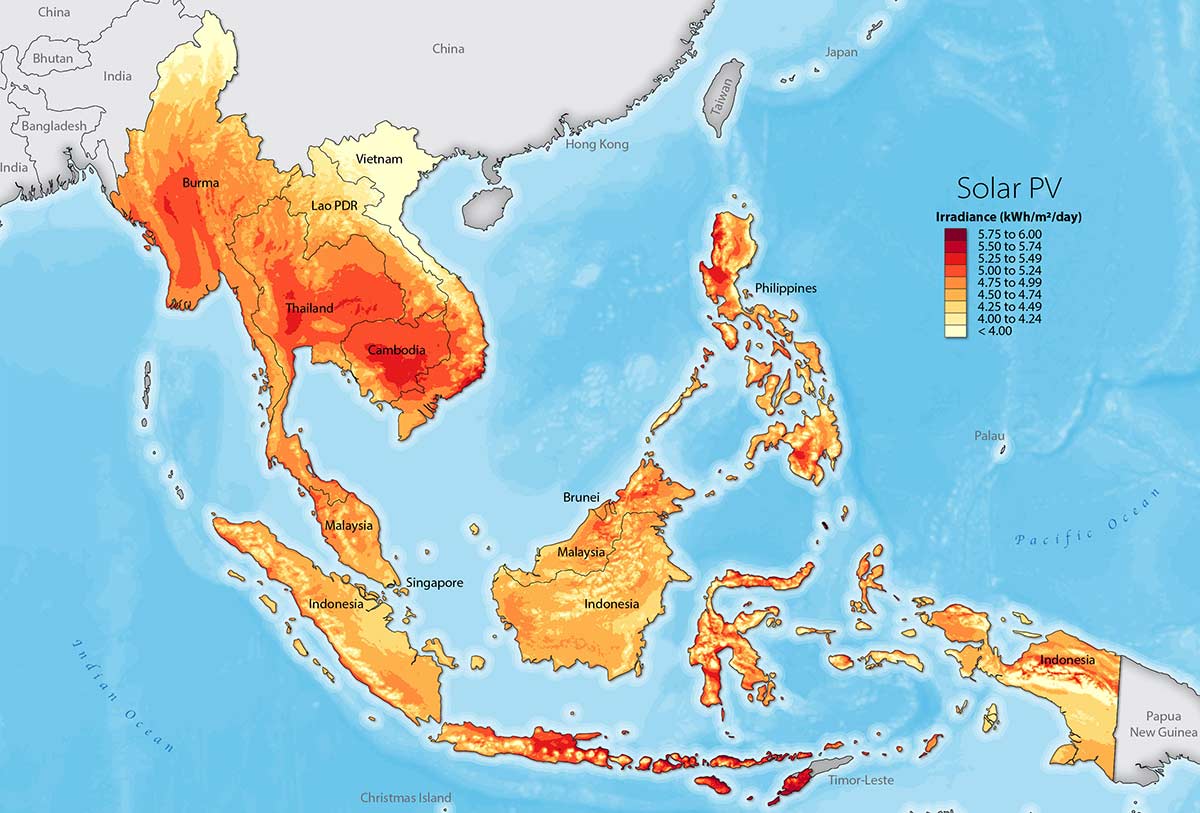 A map of select Southeast Asian countries in varying shades of orange and yellow, indicating the solar resource potential for each country in this research.